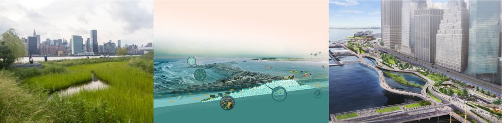 1) Hunters Point Wetland, 2) Living Breakwaters, NY Harbor, 3) Lower Manhattan Resilience Plan