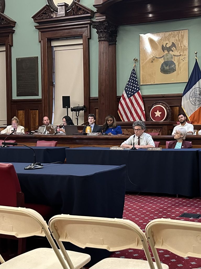 Council Member Lincoln Restler delivers his statement of recommendation for Monitor Point to two NY City Council Committees